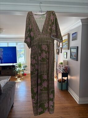 Boho Floral V-Neck Maxi Dress in Olive and Blush